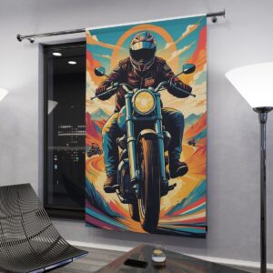 Motorcyclist on a vibrant retro background window curtain