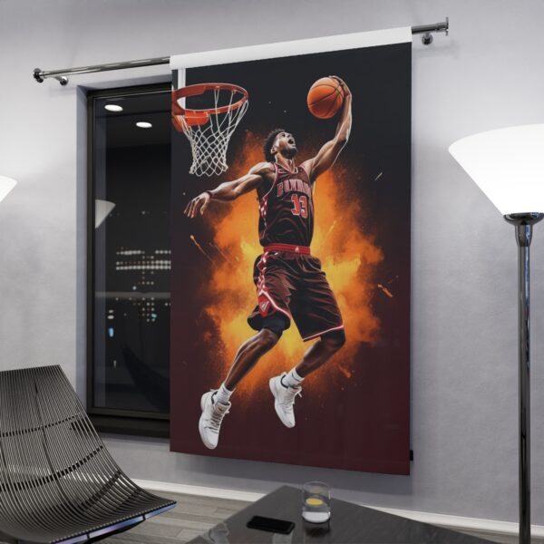 Alternative: Basketball player performing a slam dunk with fiery background window curtain