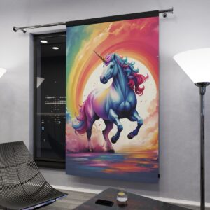 Unicorn galloping with a rainbow backdrop window curtain