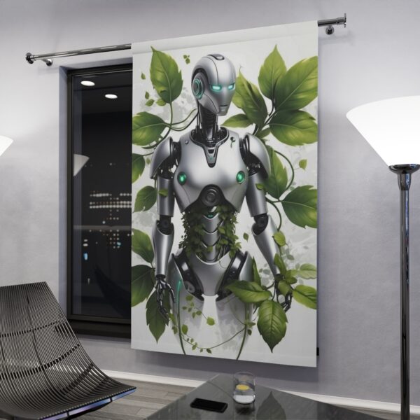 Robot entwined with green leaves window curtain