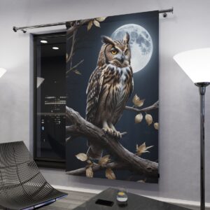 Owl perched on a branch with a full moon background window curtain