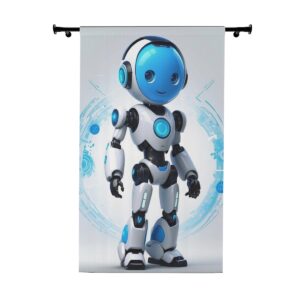 Friendly robot character with AI interface window curtain