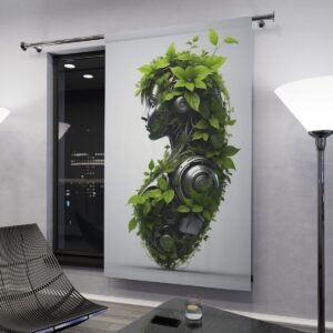 Robot with green foliage window curtain