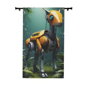 Playful yellow robotic animal in a forest window curtain