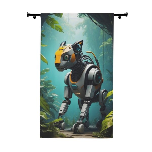 Robotic animal exploring a lush jungle window curtain