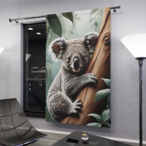 Adorable koala on a tree window curtain