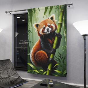 Adorable red panda on bamboo window curtain