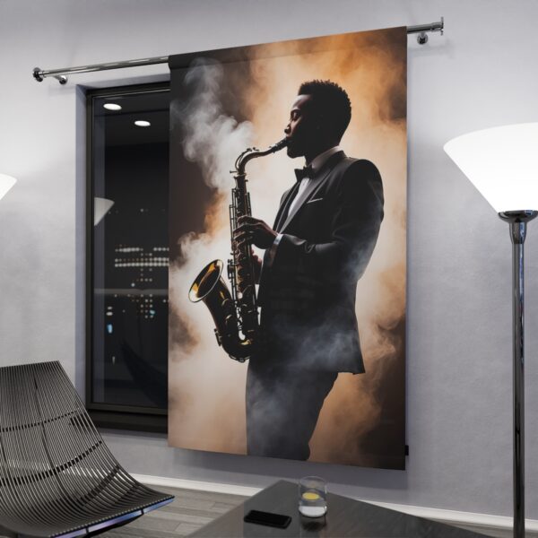 Saxophonist silhouette playing in smoky ambiance window curtain