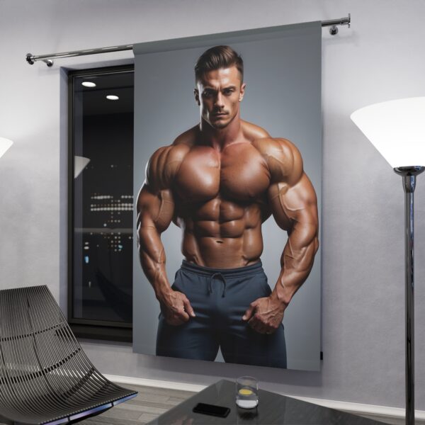 Muscular bodybuilder printed window curtain in a modern room