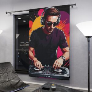 DJ-themed window curtain in modern room setting