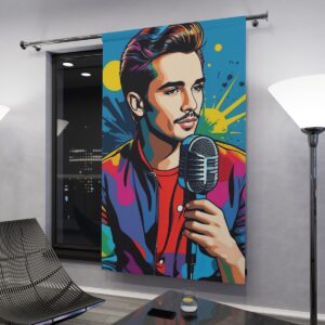 Colorful pop art style singer with a microphone window curtain