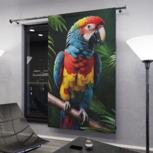 Vibrant parrot perched in a tropical setting window curtain