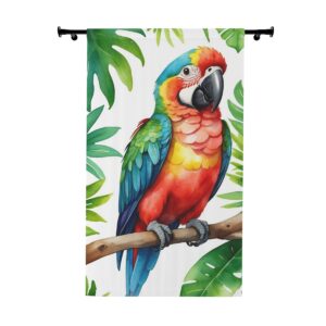 Colorful parrot on a branch window curtain