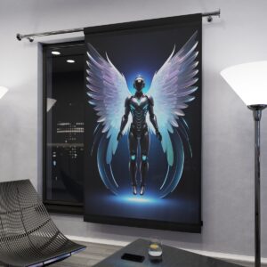 Futuristic robot with illuminated wings window curtain