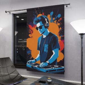 Cool DJ in action window curtain in stylish room