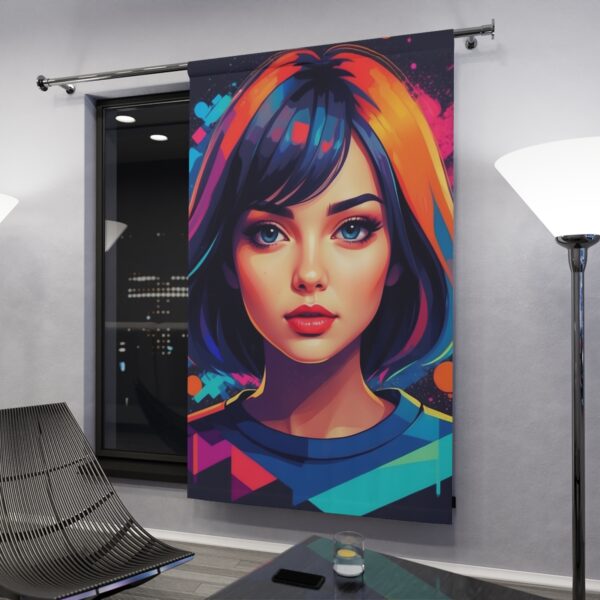 Vibrant abstract portrait window curtain in modern living room