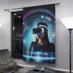 Woman using virtual reality window curtain