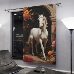 Regal white horse with floral backdrop window curtain