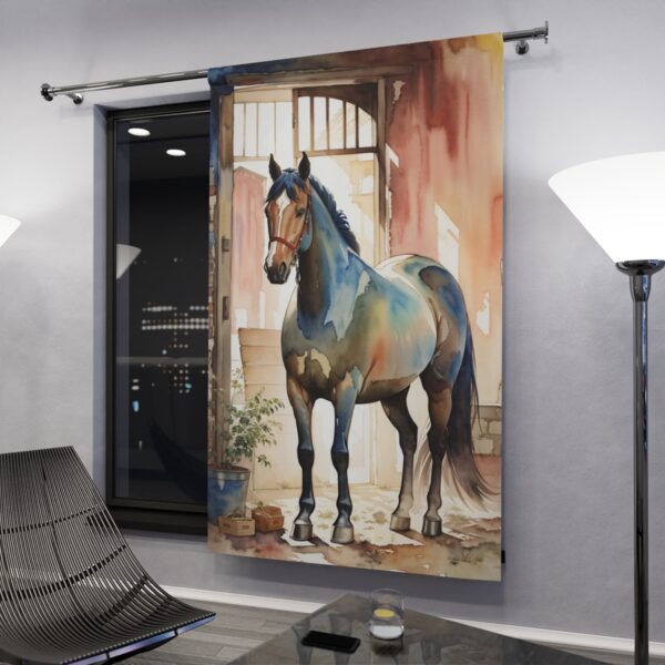 Graceful horse in rustic setting window curtain