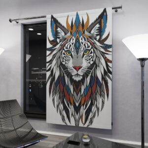 Colorful tribal lynx design on window curtain