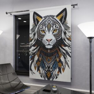 Window curtain with tribal-style majestic cat design