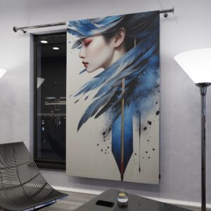 Elegant window curtain with artistic woman and blue feathers design