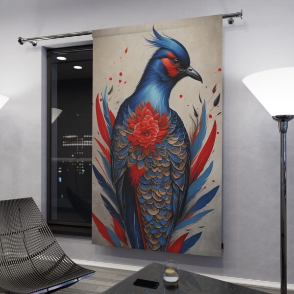 Colorful bird illustration on window curtain in modern room