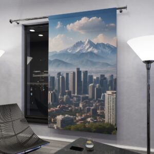 Cityscape with mountain backdrop window curtain