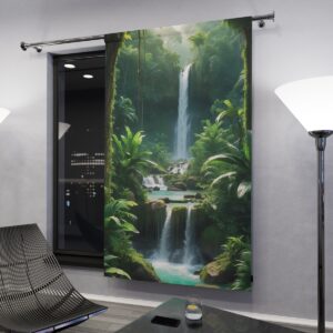 Lush tropical waterfall scene window curtain