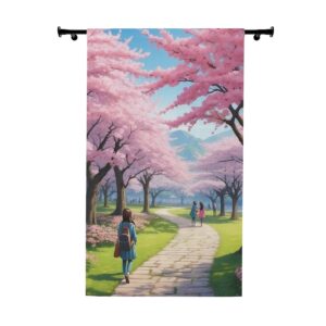 Cherry blossom path with people window curtain