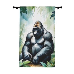 Serene gorilla sitting in the forest window curtain