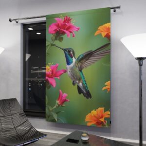 Hummingbird hovering near bright flowers window curtain