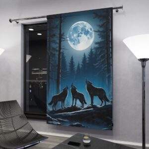 Wolves howling under the full moon window curtain