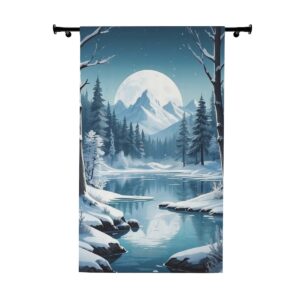 Moonlit winter forest scene on window curtain