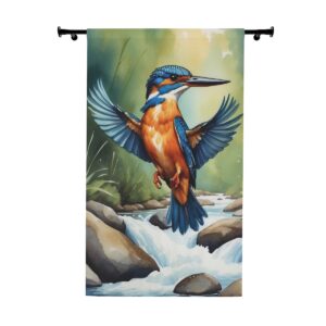 Kingfisher in flight over a river window curtain