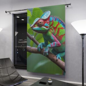 Colorful chameleon on a branch window curtain