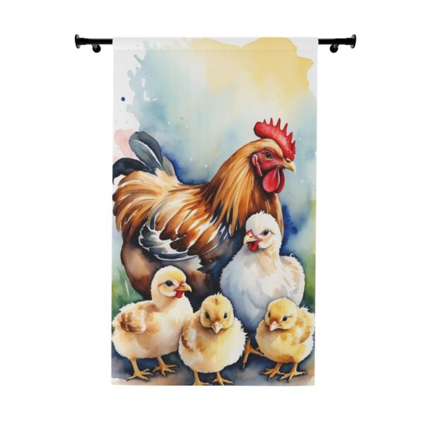 Rooster, hen, and chicks on a farm scene window curtain