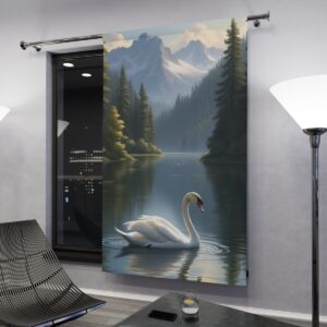 Serene swan on a mountain lake window curtain