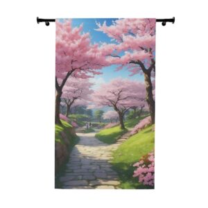 Pathway lined with cherry blossoms window curtain