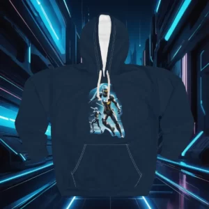 Navy hoodie with a futuristic robot design displayed against a neon-lit sci-fi background.