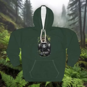 Hoodie with a detailed gorilla illustration surrounded by lush greenery.