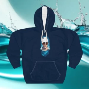 Hoodie featuring a design of a swimmer wearing goggles and a swim cap, surrounded by dynamic water splashes.