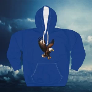 Hoodie featuring a soaring bald eagle design, set against a dramatic sky background.