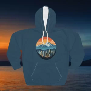 Hoodie with a circular design featuring a city skyline at sunset, backed by mountain peaks and vibrant sky colors.