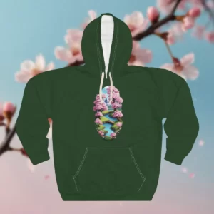 Hoodie featuring a vertical scenic design with a winding river, cherry blossom trees, and a bright blue sky.