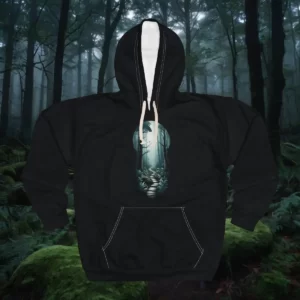 Hoodie with a mystical forest path design, featuring a glowing pathway surrounded by trees and foliage.