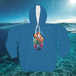 Hoodie featuring a clownfish swimming among vibrant coral reef elements, set against an underwater ocean background.