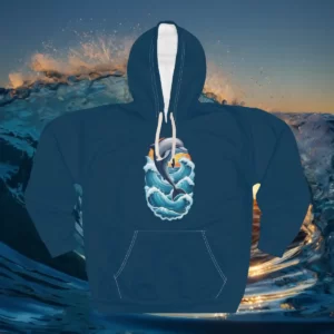 Hoodie with a design of a dolphin jumping through ocean waves against a sunset background.