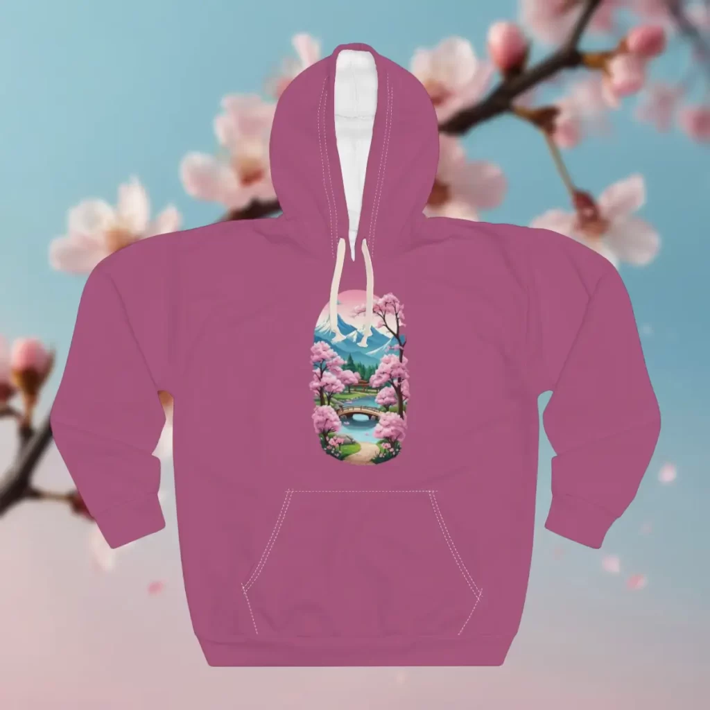 Hoodie featuring a vertical scenic design with a bridge, cherry blossom trees, a small pond, and snow-capped mountains in the background.