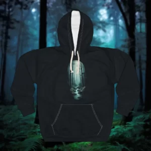 Hoodie featuring a mystical forest design with a glowing light path, set against a dark woodland background.